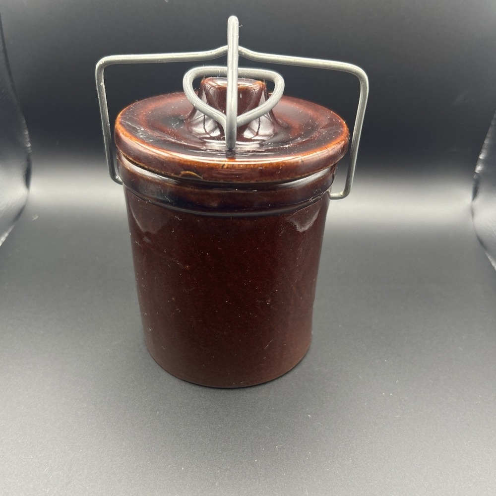 Vintage Stoneware Brown Ceramic Crock Jar with Wire Clasp Lid 4"